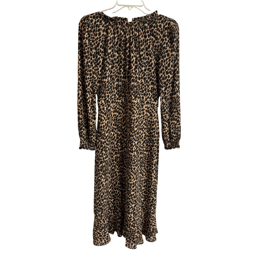 J.Crew Leopard Print Ruffle Neck Midi Dress Long Sleeve Brown Black 00